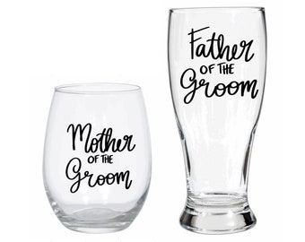 Mother of the Groom Father of the Groom Wedding Gift Set | Stemless Wine Glass Beer | Parent’s Wedding Gift | Bridal Shower Gift for Mom