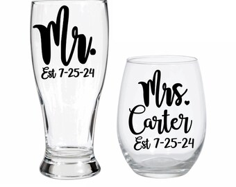Custom Wedding Wine Glasses Mr. and Mrs. Custom Name and Wedding Date Mrs. Wine Glass Mr. Beer Glass Personalized Wedding Gifts Mr and Mrs