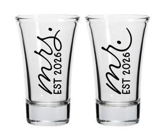 Mr. and Mrs. Shot Glasses Mr. Mrs Est 2026 Elegant Black Font 2oz Shot Glass Wedding Gift for the Couple to Be Mr. and Mrs. 2026 Mr Est 2026