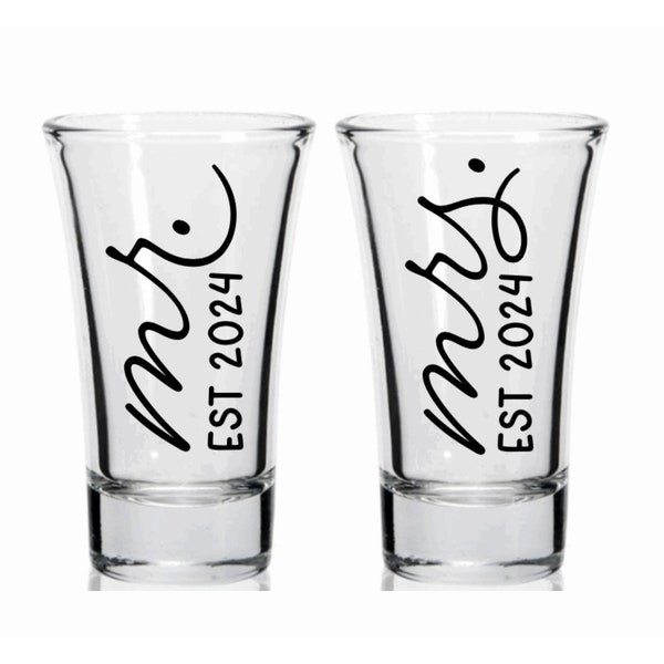 Mr. and Mrs. Shot Glasses Mr. Mrs Est 2024 Elegant Black Font 2oz Shot Glass Wedding Gift for the Couple to Be Mr. and Mrs. 2024 Bride 2024