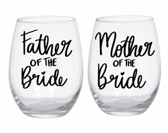 Mother & Father of the Bride Wedding Gift Set | Stemless Wine Glass Set of 2  Mother of the Bride Father of the Bride Bridal Shower Gift