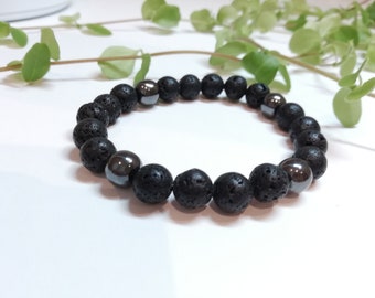 Lava Stone & Hematite Crystal Bracelet, Genuine Lava Stone, Hematite Crystal, Healing Crystal