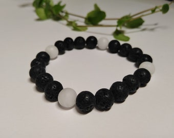 Frosted White Jade & Lava Stone Crystal Bracelet, Genuine Lava Stone, White Jade Crystal, Healing Crystal