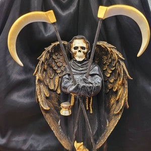 SANTA MUERTE Black Statue 12 inch with Wings and Two Scythes Grim Reaper figurine