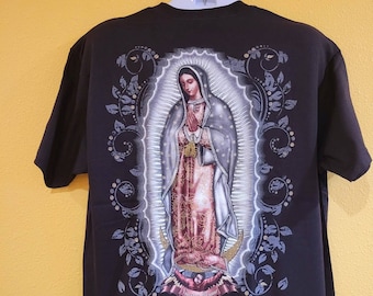 Virgen de Guadalupe T-shirt Nuestra Reyna Black with glitter size Large/ small, medium summer top short sleeve religious graphic tee
