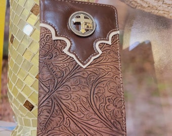 Cross praying Cowboy Wallet Western Bifold Check Book  Ostrich Brown floral design embossed