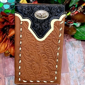 Cartera Western Longhorn de CUERO GENUINO Cartera de vaquero rodeo hecha a mano en color canela, negro y beige, regalo para Navidad, graduación, regalo para hombres