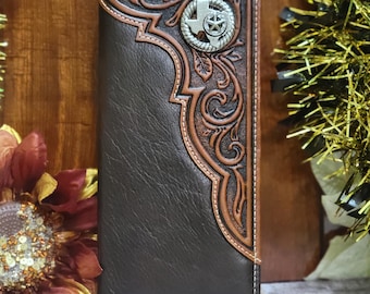 Texas concho Western Wallet Genuine Leather Handtooled Bifold Checkbook brown