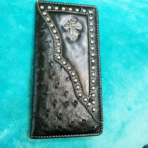 Cross Wallet Texas Western Bifold Cross wallet Ostrich Black faux leather religious checkbook style wallet personalized engraved wallet gift