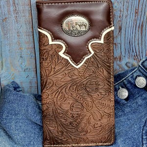 Cartera personalizada Praying Cowboy Western para hombre, billetera concho, chequera plegable, aspecto labrado, cuero sintético, regalo para él