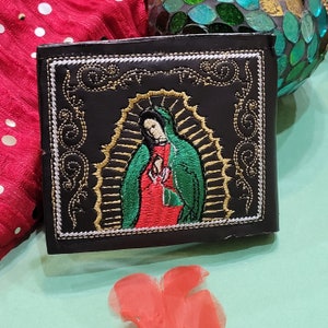 Cartera Virgen de Guadalupe Cartera Bordada de Cuero Mexicano para Hombre 
