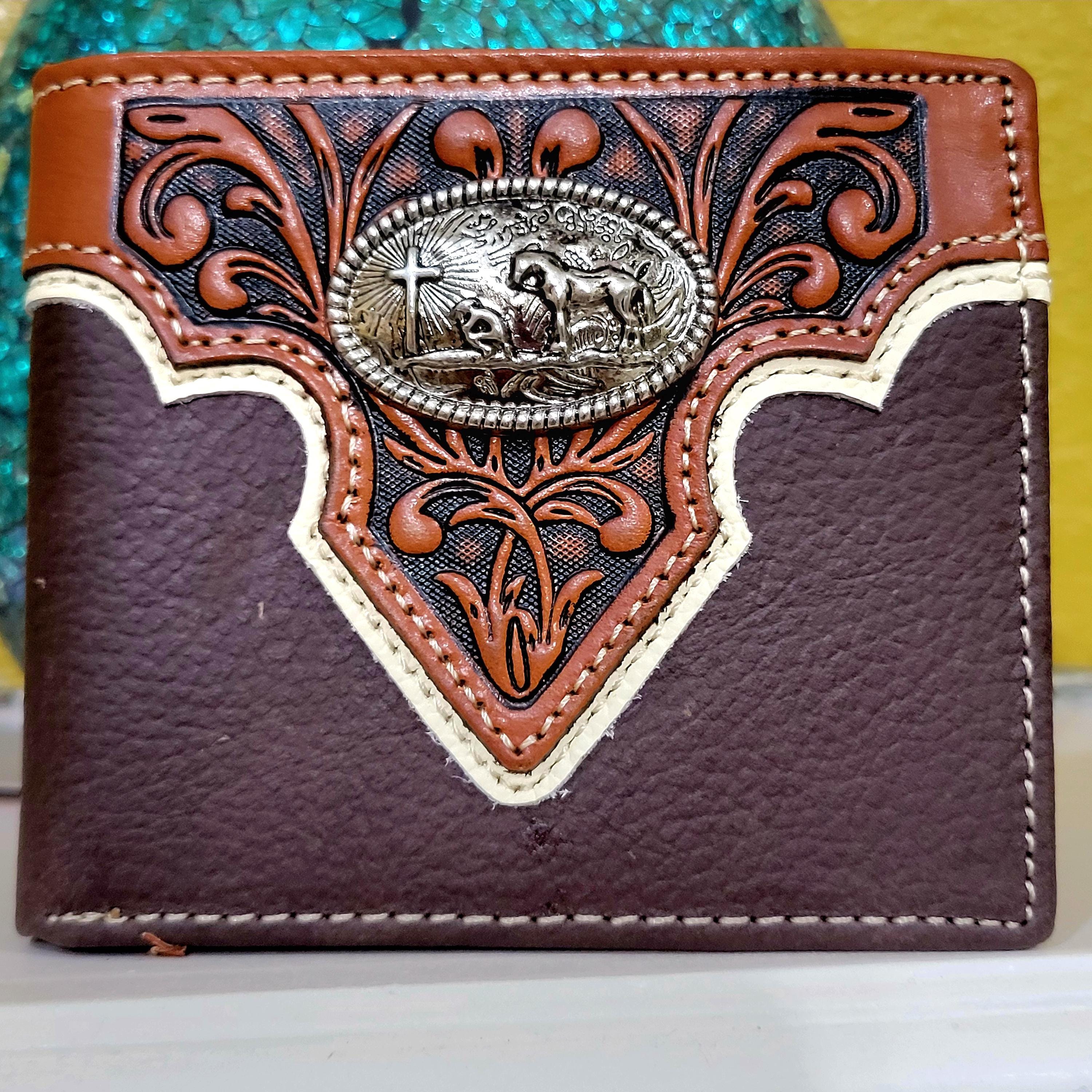 Praying Cowboy Mens wallet Western GENUINE LEATHER Wallet Short Bifold handtooled Brown Rodeo wallet gift for men, Christmas