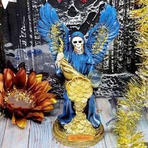 SANTA MUERTE Blue Statue 8" with money cone Santa Muerte Holy Death statue Grim Reaper for Halloween Day of the dead statue gift