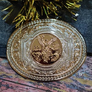 Centenario Western belt Buckle  oval Gold Silver Heavy  accents jeans accessory rodeo cowboy 50 pesos faux Mexican coin  concho buckle