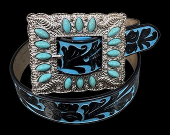 Cowgirl Turquoise Black Western Belt, tooled design Genuine leather  Womens Rodeo belt Sz small/ medium with faux turquoise stone concho des
