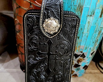 Praying Cowboy phone holster Western Cowboy genuine Leather Phone  belt loop holder BLACK for extra larger phones