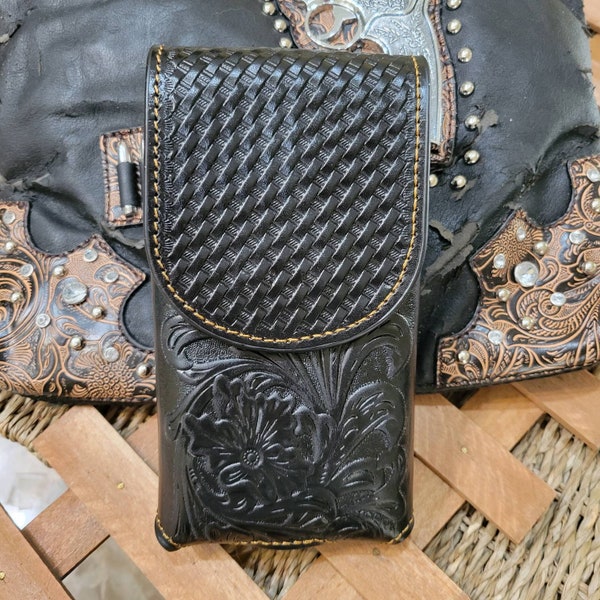 Western Genuine Leather Belt Loop Phone Holster Black basket weave leaftooled vertical phone case for small/ medium phones.