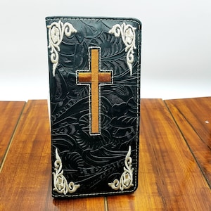 Personalized Cross Mens Wallet religious Western Bifold wallet black embroidered  faux leather wallet engraveable gift for all occasions.