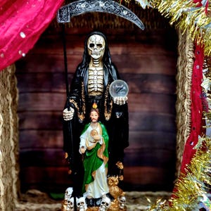 Santa Muerte Statue With  San Judas  Tadeo Black Grim Reaper Santisima muerte with Saint Jude 14 inch Holy Death statue on money