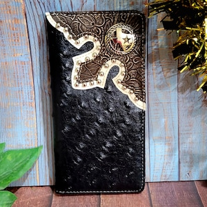 Cartera de hombre de Texas personalizada, regalo grabable, billetera plegable Texas Western, billetera estilo chequera religiosa de cuero sintético negro avestruz