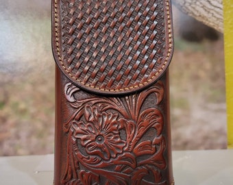 Western Genuine Leather Belt Loop Phone Holster Brown basket weave leaftooled vertical phone case for large phones.