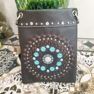 Western Style crossbody bag with phone pouch and zipper inside rhinestone studded faux leather