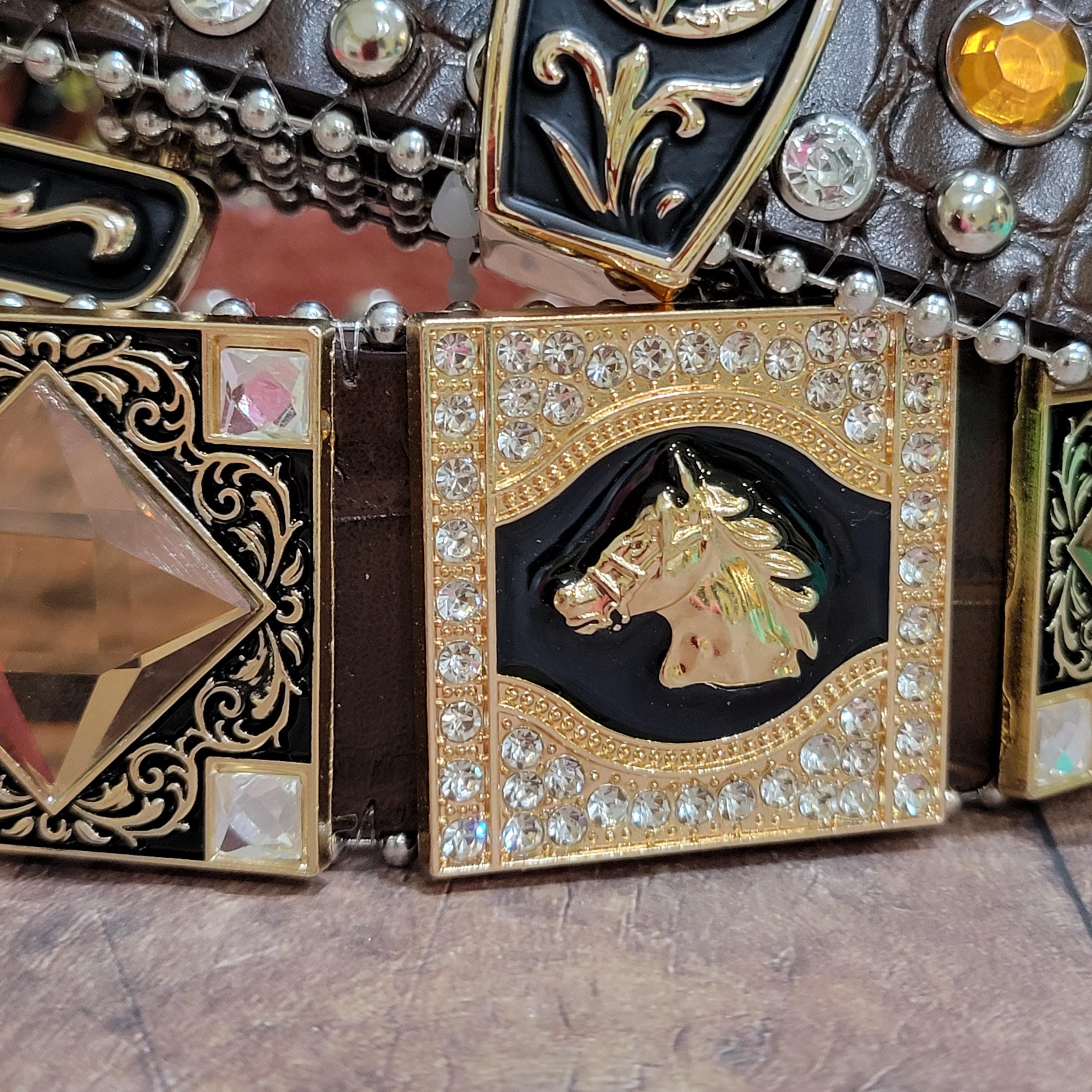 Brown Rhinestone Embellished Belt with horses WESTERN MENS HORSE EMBROIDERED BROWN MARIACHI LEATHER BELT  main image 2