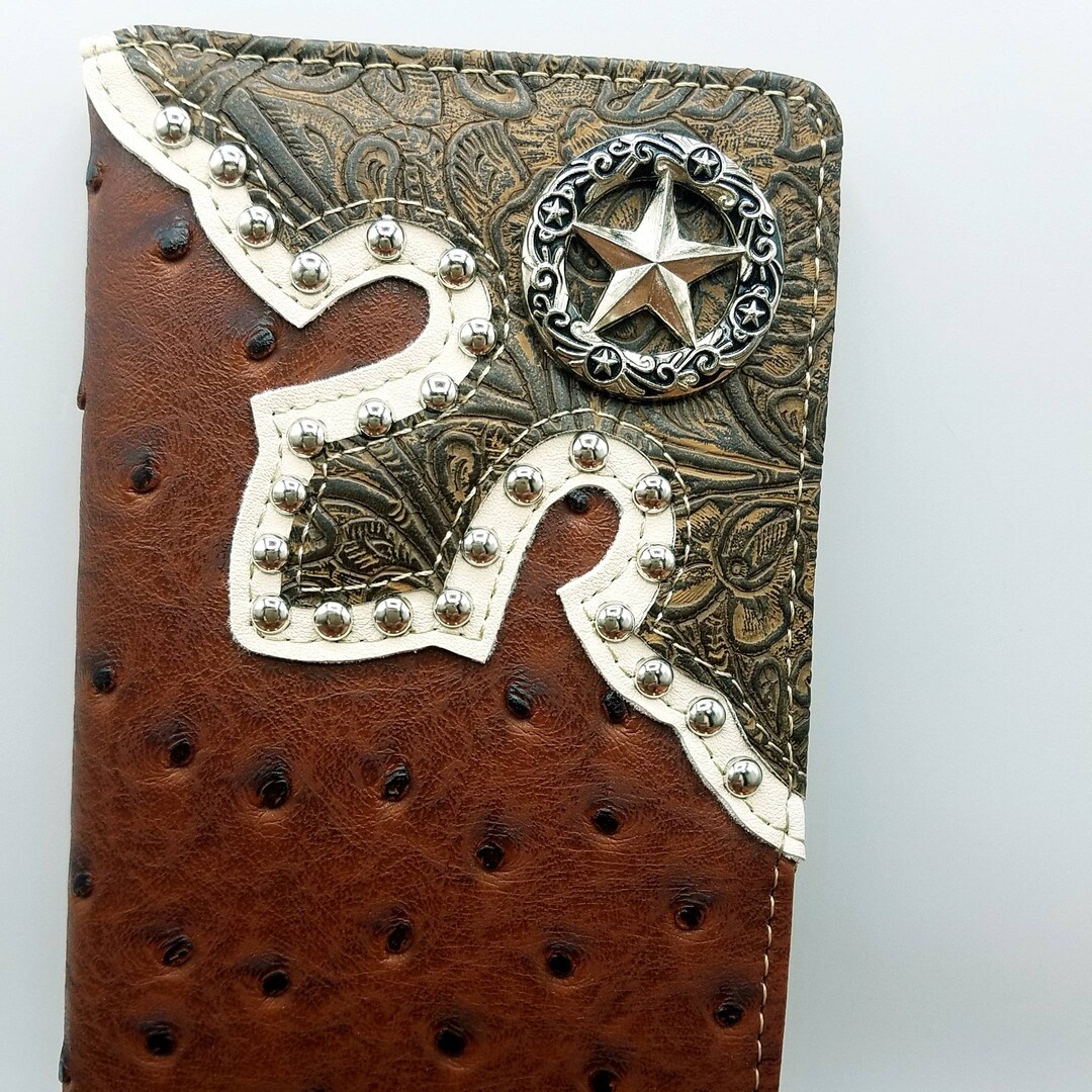thumbnail interactive-video image 1 of #1 Royal West Men's Western Bifold Wallet – Ostrich Brown Faux Leather Check Book Style 1 of 6