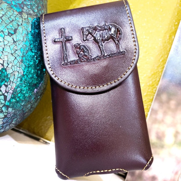 Praying Cowboy phone holster Genuine Leather Belt Loop Cell Phone Holder Holster Case coffee color
