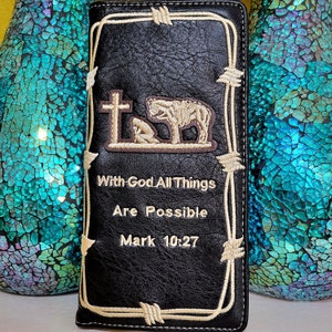 Cartera de vaquero personalizada con cruz en oración para hombre, estilo western, con dos compartimentos para cheques, de piel sintética, para vaqueros, estilo rodeo, con motivos religiosos, color negro, grabado como regalo