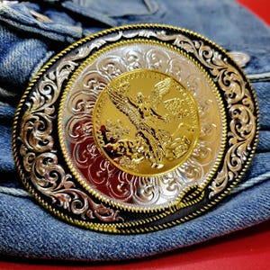 Centenario Western belt Buckle  oval Gold Silver Heavy  accents jeans accessory rodeo cowboy 50 pesos faux Mexican coin  concho buckle