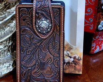 Horse Western Cowboy Leather Phone Holster  holder brown for larger phones handtooled floral design in box