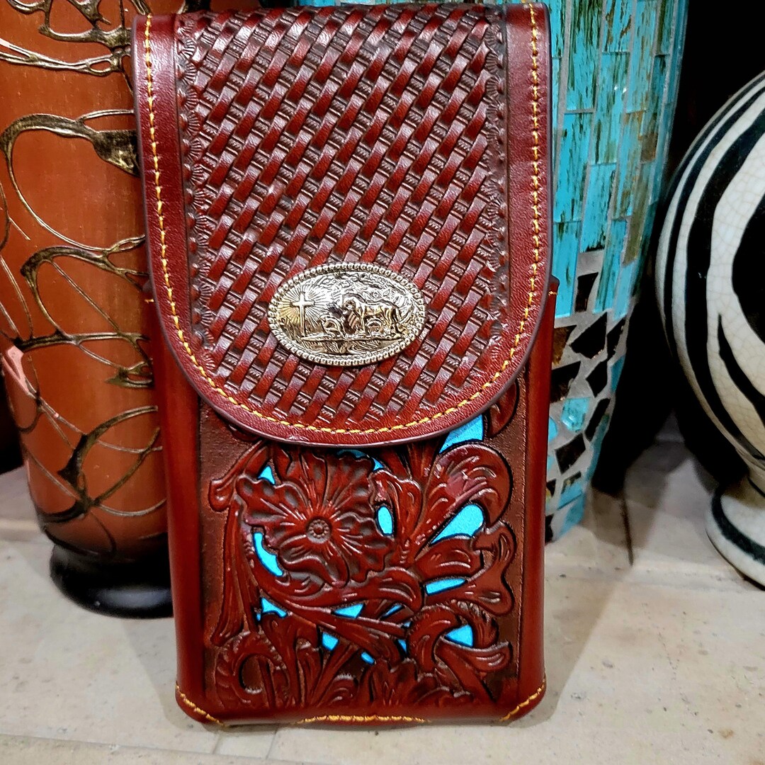 Old Rodeo Phone Praying Cowboy Western Phone Holster Basketweave Floral Vertical Over ...