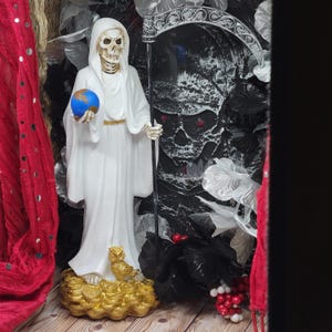 White SANTA MUERTE statue money statue 13&quot; Holy Death Grim Reaper on money coin statue day of the dead santisima Muerte