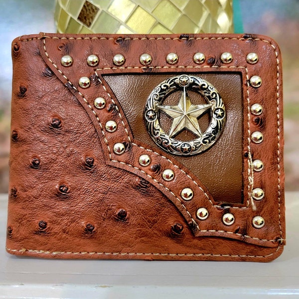 Star Mens Wallet Western Bifold studded Brown W012-1 Ostrich pattern faux leather Texas lone star sheriff star