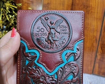 Centenario Mens Wallet 50 pesos Western Bifold Style wallet Brown Teal Genuine leather lasercut floral short  wallet gift for men, Christmas
