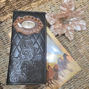 Cartera Western Longhorn de cuero genuino con pelo de vaca real Cartera de rodeo vaquera plegable negra hecha a mano en caja