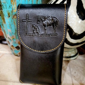 Praying Cowboy Western phone holster genuine leather belt loop phone holder phone case for larger phones.