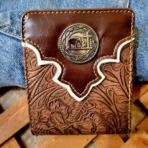 Praying Cowboy Wallet Western Bifold Style Brown short bifold embossed Faux Leather jeans rodeo cowboy wallet