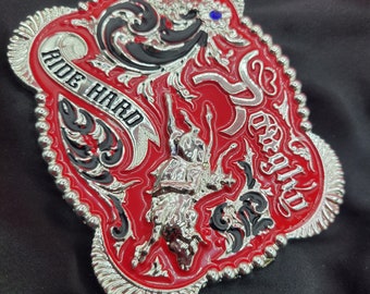 Bullrider Western cowboy  belt buckle 5x4 inches red and silver jeans rodeo large buckle