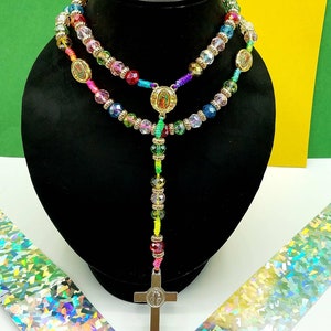 Rosary Virgen de Guadalupe Rosario 2 sided Crystal Multicolored shiny 10mm Faceted Beads Catholic Prayer beads