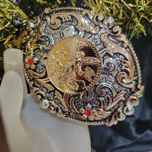 Centenario Western belt Buckle  oval Gold Silver Heavy  accents jeans accessory rodeo cowboy 50 pesos faux Mexican coin  concho buckle