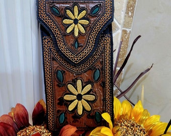 Sunflower Western phone holster genuine leather handtooled handcrafted and painted with magnetic closure