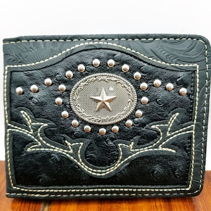 Cartera Lonestar personalizada para hombre, billetera Texas grabable, regalo occidental, billetera corta plegable de cuero sintético vegano negro con estampado floral