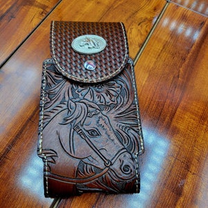 Horse Western Leather Phone Holster pouch brown for larger phones 7" handtooled