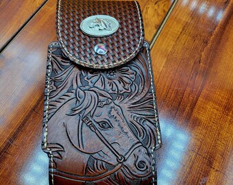 Horse Western Leather Phone Holster pouch brown for larger phones 7" handtooled