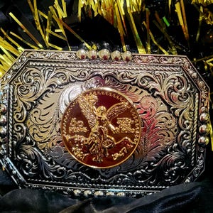 Centenario Western belt Buckle Rose Tone Gold Silver Heavy  accents jeans accessory rodeo cowboy 50 pesos faux Mexican coin  concho buckle