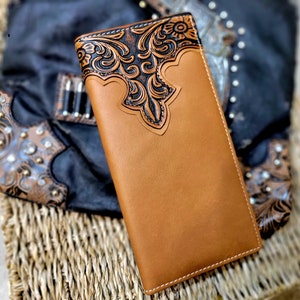 Western Wallet Star Genuine Leather Handtooled bifold Checkbook Style in box brown wallet