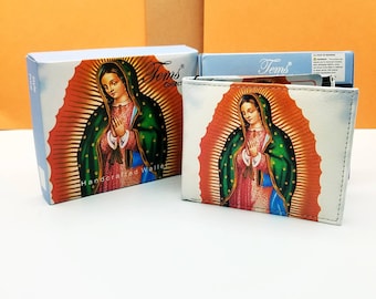 Personalized Virgin de Guadalupe wallet mens religious wallet engraveable gift bifold  printed wallet in gift box for him.