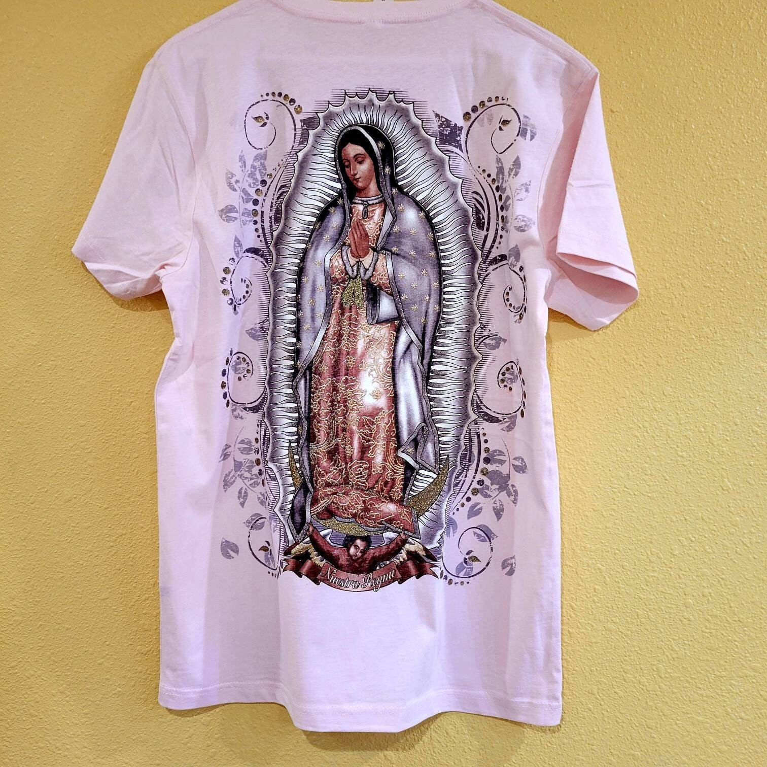 Virgin De Guadalupe T Shirt Size Large/ Extra Large Pink. Glitter